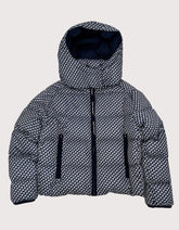 Tory Sport Cropped Printed Performance Satin Down Jacket in Tory Navy Diagonal