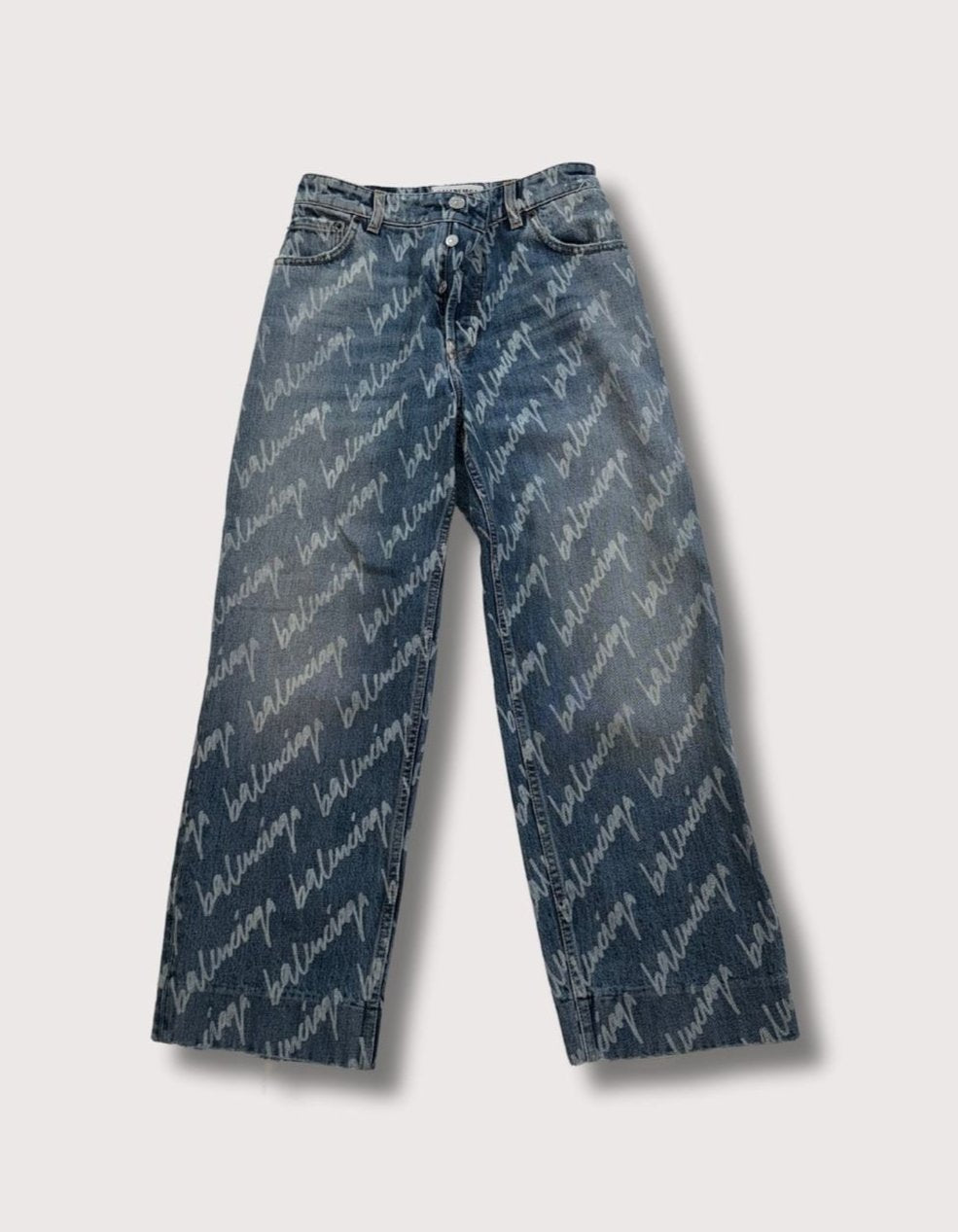 Balenciaga All Over Logo Cropped Denim Pants