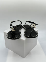 Chanel Faux Pearl Accents Patent Leather Slides