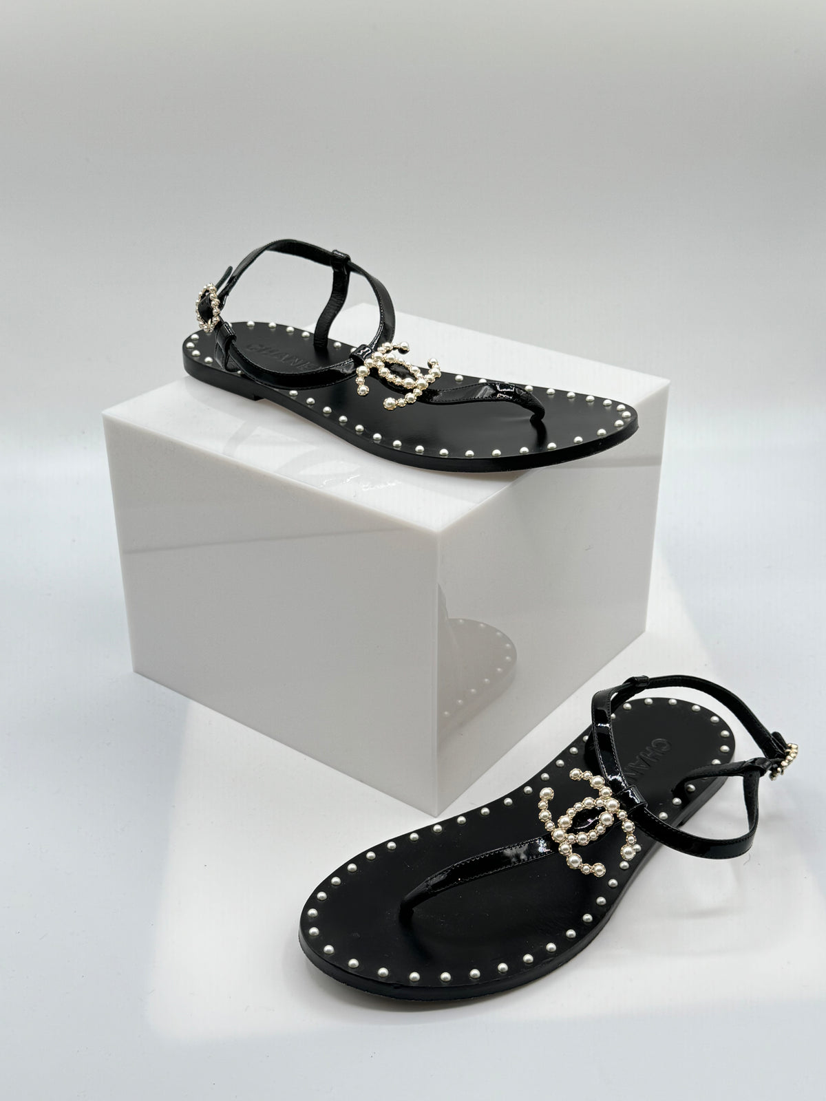 Chanel Faux Pearl Accents Patent Leather Slides