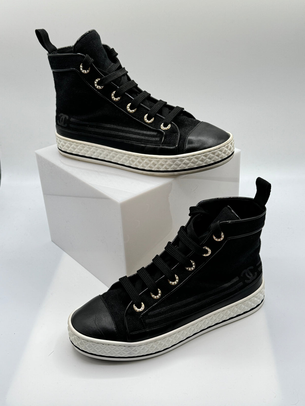 Chanel Women's CC Cap Toe High-Top Sneakers Canvas and Leather