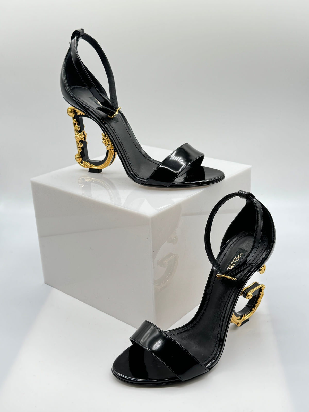 Dolce and Gabanna Sculpted-Heel Baroque DG Patent Leather Sandals