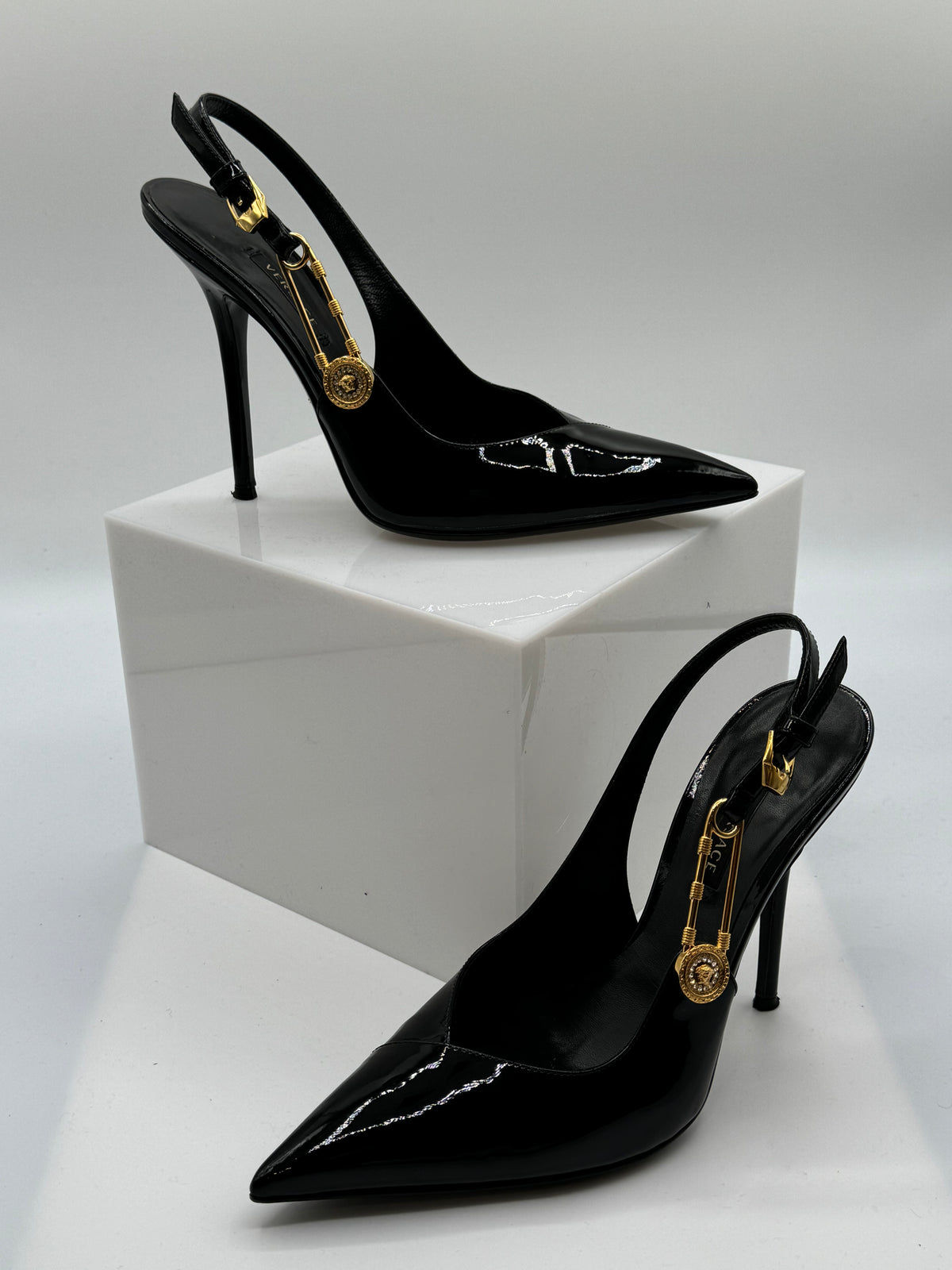 Versace Embellished Patent-Leather Slingback Pumps