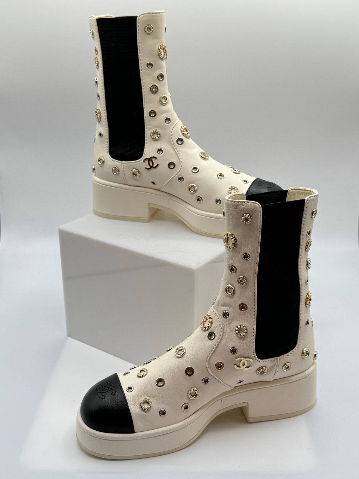 Chanel Lambskin Riveted Cap Toe Short Boots
