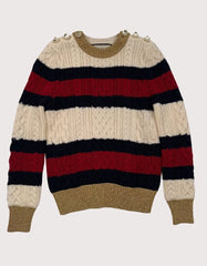 Gucci Wool Striped Cable-Knit Sweater w/ Gold and Ivory Interlocking Logo Faux Pearls
