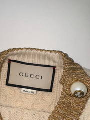 Gucci Wool Striped Cable-Knit Sweater w/ Gold and Ivory Interlocking Logo Faux Pearls