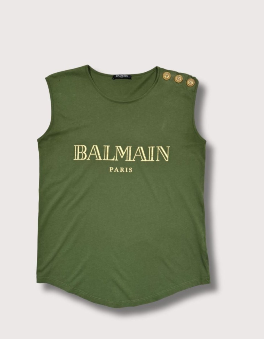 Balmain Woman Khaki Green Sleeveless T-Shirt with White Flocked Logo
