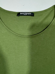 Balmain Woman Khaki Green Sleeveless T-Shirt with White Flocked Logo