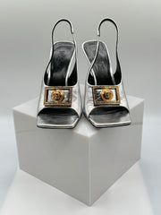 Versace Medusa Silver Metallic Leather Slingback Sandals