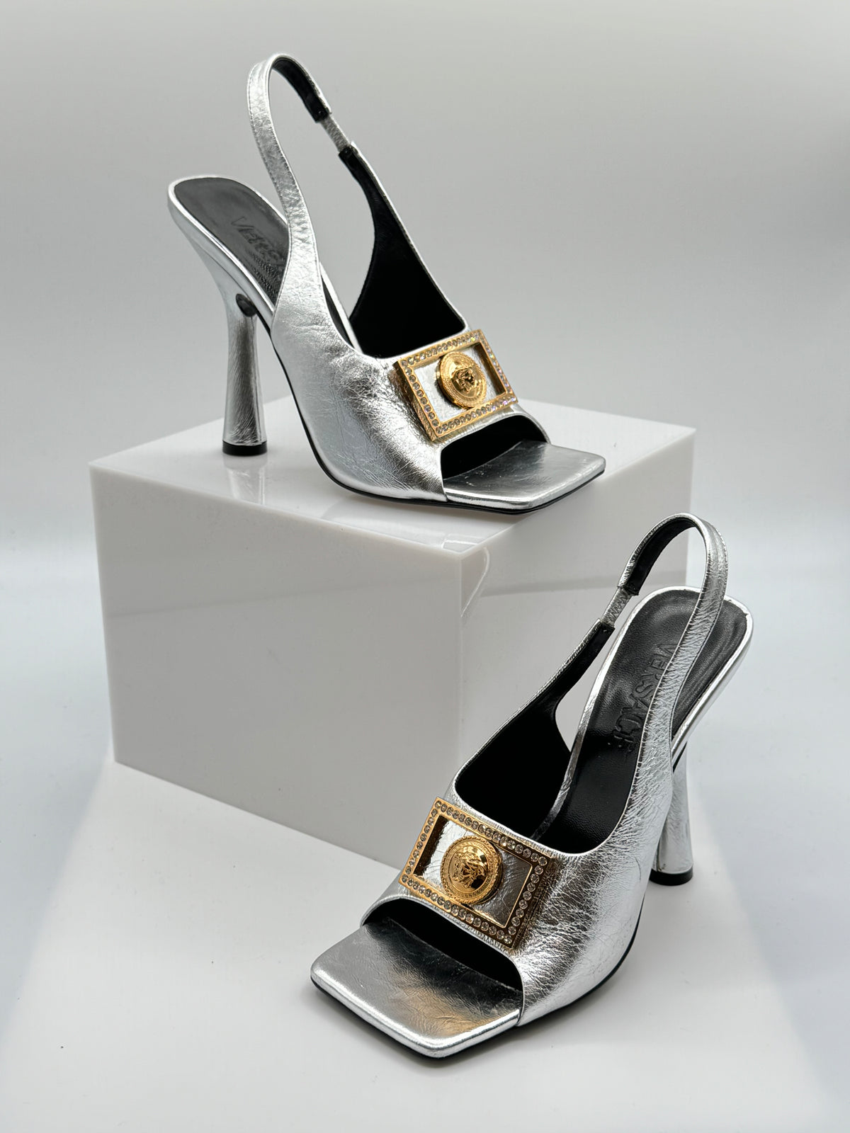 Versace Medusa Silver Metallic Leather Slingback Sandals