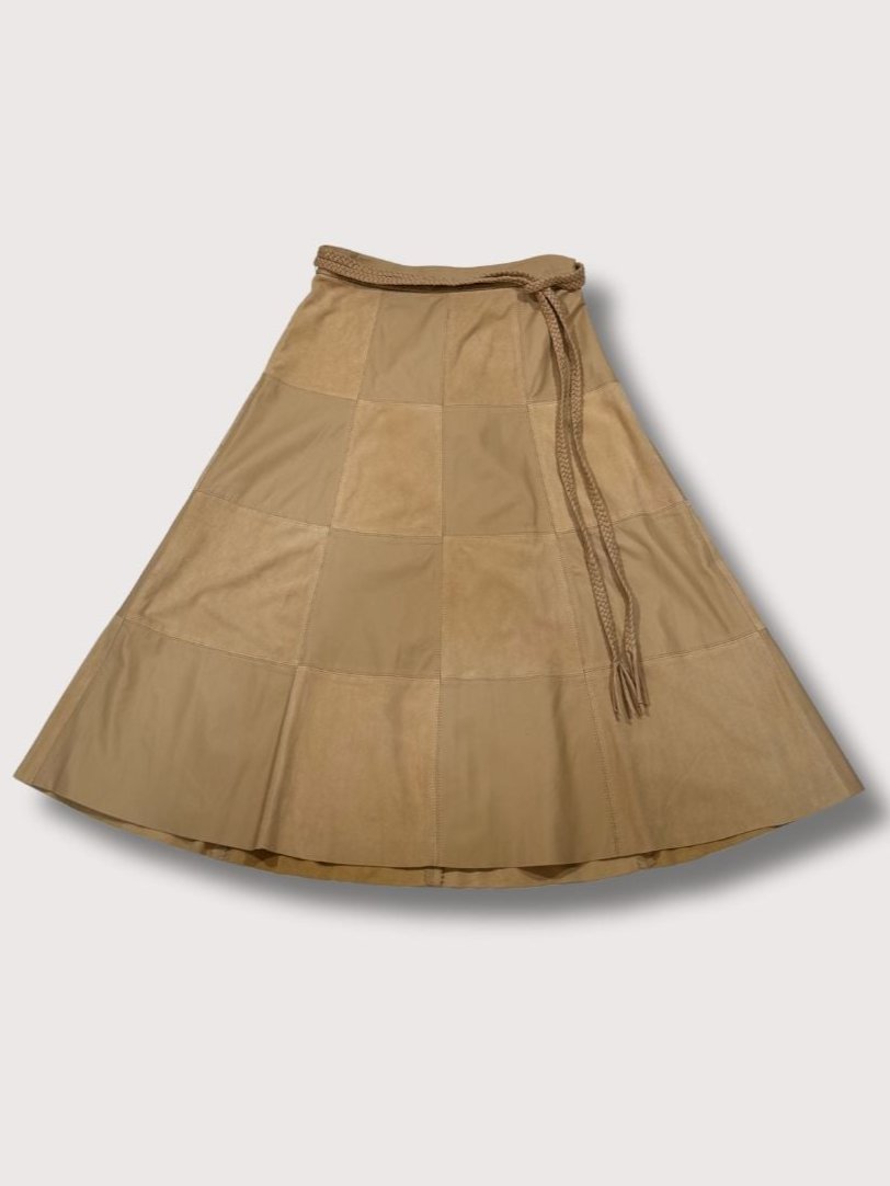 Alice + Olivia Belted Patchwork Suede and Leather Midi Skirt