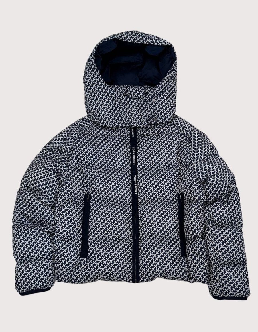 Tory Sport Cropped Printed Performance Satin Down Jacket in Tory Navy Diagonal