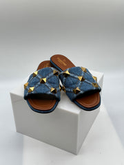 Valentino Roman Stud Flat Denim Slide Sandals
