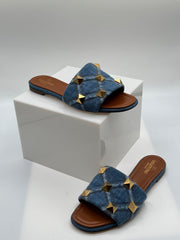 Valentino Roman Stud Flat Denim Slide Sandals