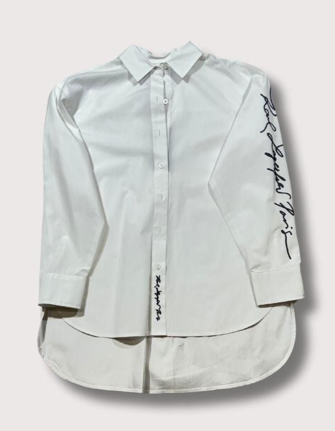 Karl Lagerfield Script Button-Front Cotton Top in Soft White